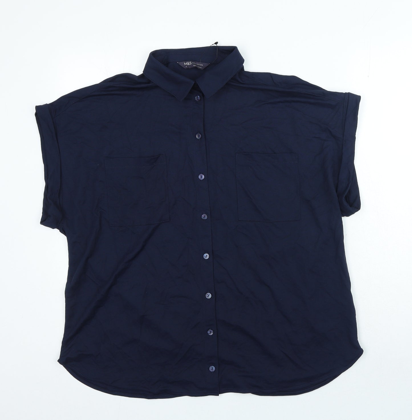 Marks and Spencer Womens Blue Viscose Basic Button-Up Size 14 Collared