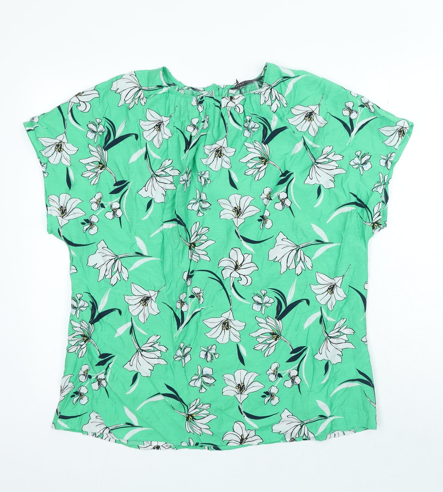 Marks and Spencer Womens Green Floral Viscose Basic Blouse Size 12 Round Neck