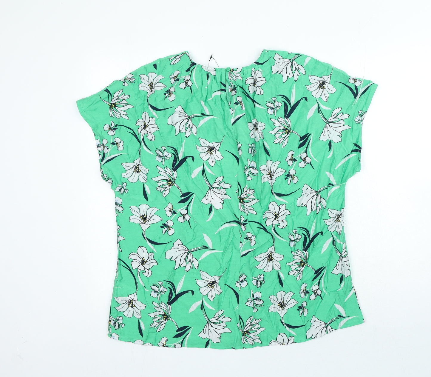 Marks and Spencer Womens Green Floral Viscose Basic Blouse Size 12 Round Neck