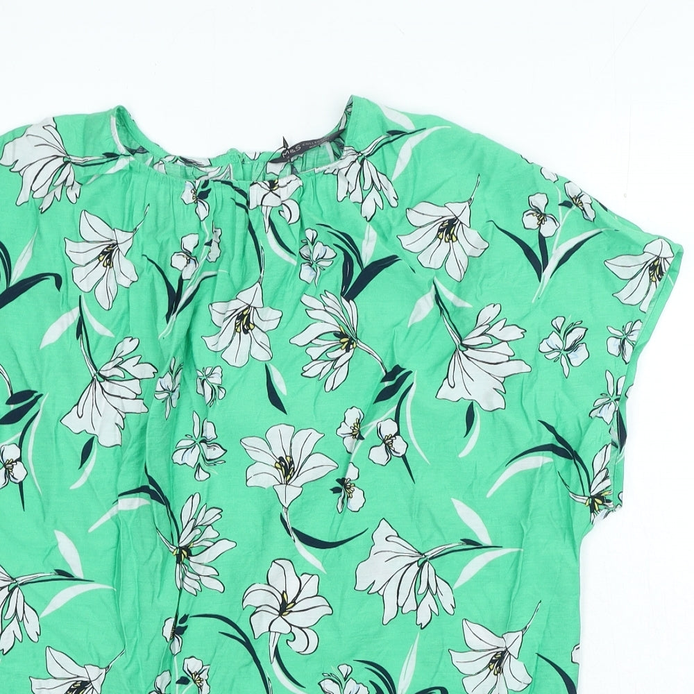Marks and Spencer Womens Green Floral Viscose Basic Blouse Size 12 Round Neck