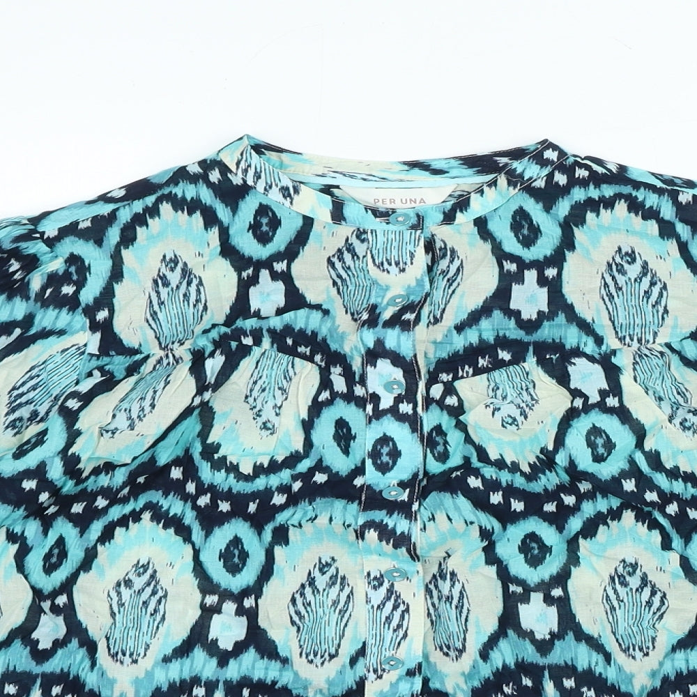 Per Una Womens Blue Geometric 100% Cotton Basic Button-Up Size 10 Crew Neck