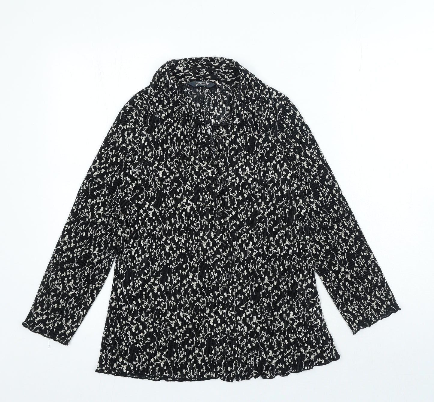 Profile Womens Black Floral Polyester Basic Button-Up Size 10 Collared