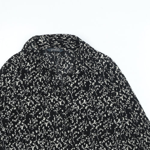 Profile Womens Black Floral Polyester Basic Button-Up Size 10 Collared