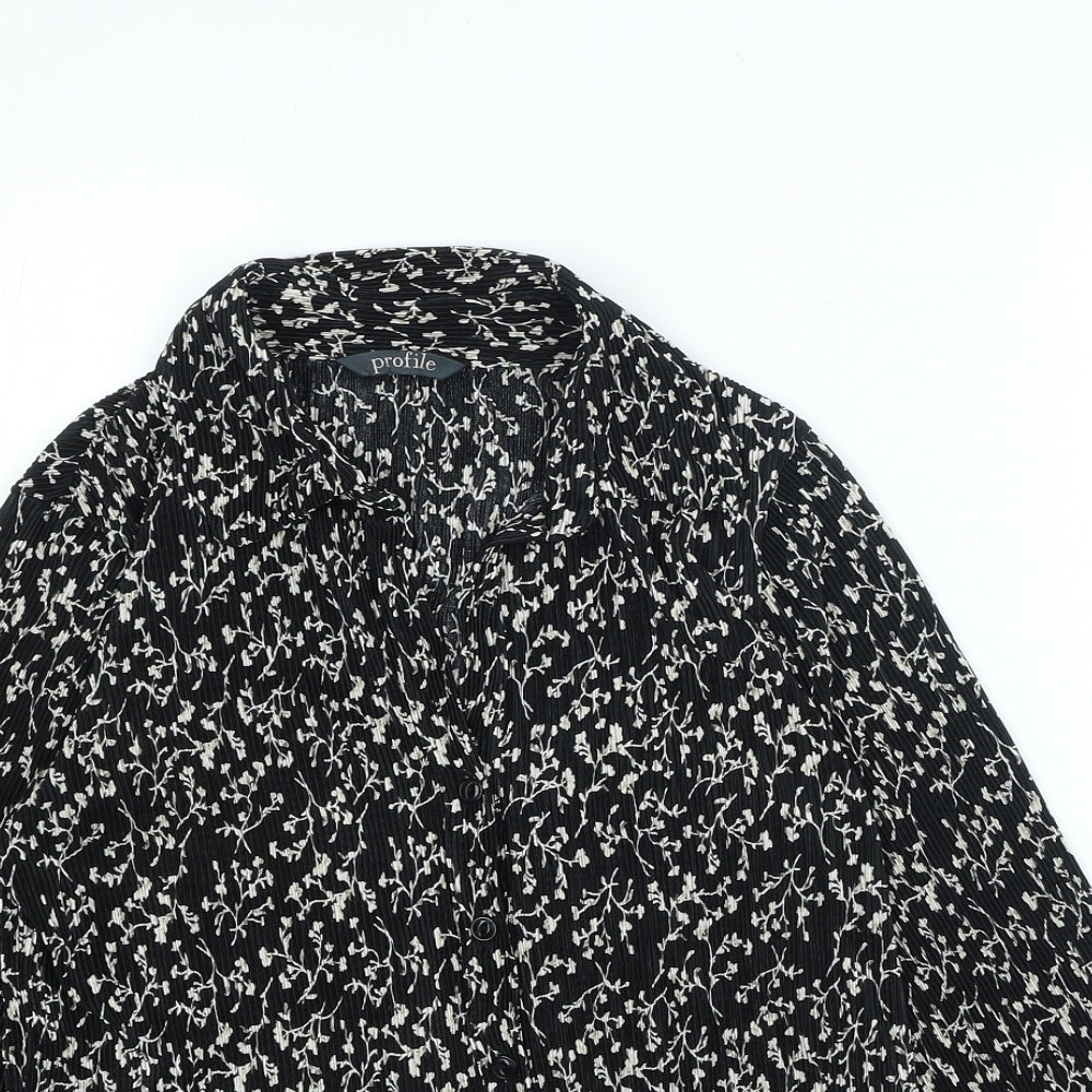 Profile Womens Black Floral Polyester Basic Button-Up Size 10 Collared