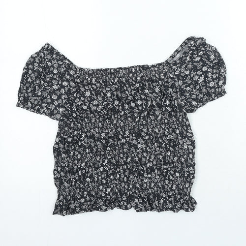 Marks and Spencer Girls Black Geometric Viscose Basic Blouse Size 11-12 Years Boat Neck Pullover