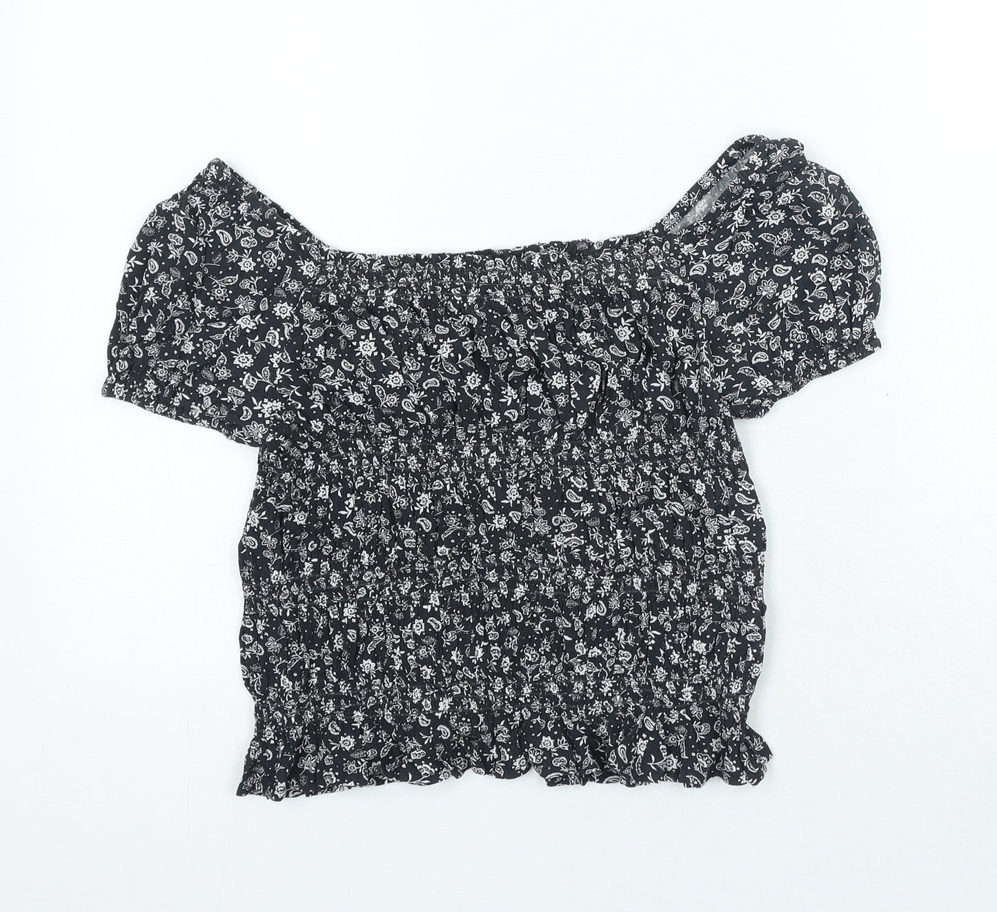 Marks and Spencer Girls Black Geometric Viscose Basic Blouse Size 11-12 Years Boat Neck Pullover