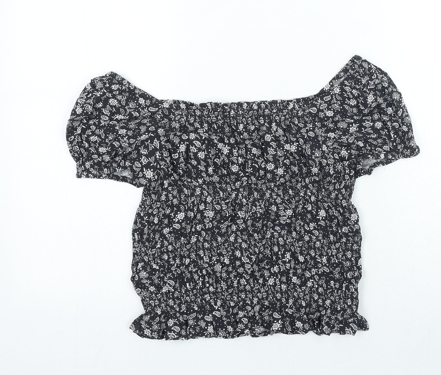 Marks and Spencer Girls Black Geometric Viscose Basic Blouse Size 11-12 Years Boat Neck Pullover