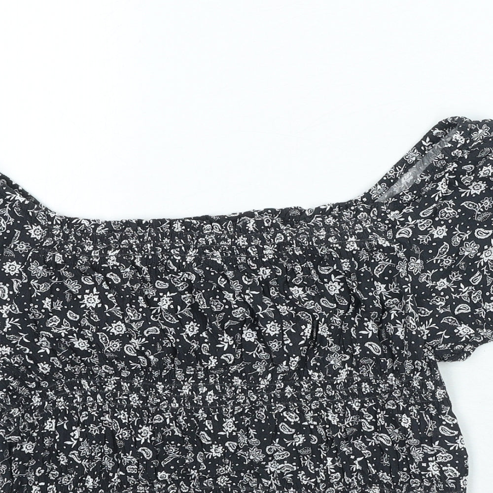 Marks and Spencer Girls Black Geometric Viscose Basic Blouse Size 11-12 Years Boat Neck Pullover