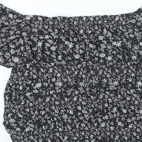 Marks and Spencer Girls Black Geometric Viscose Basic Blouse Size 11-12 Years Boat Neck Pullover