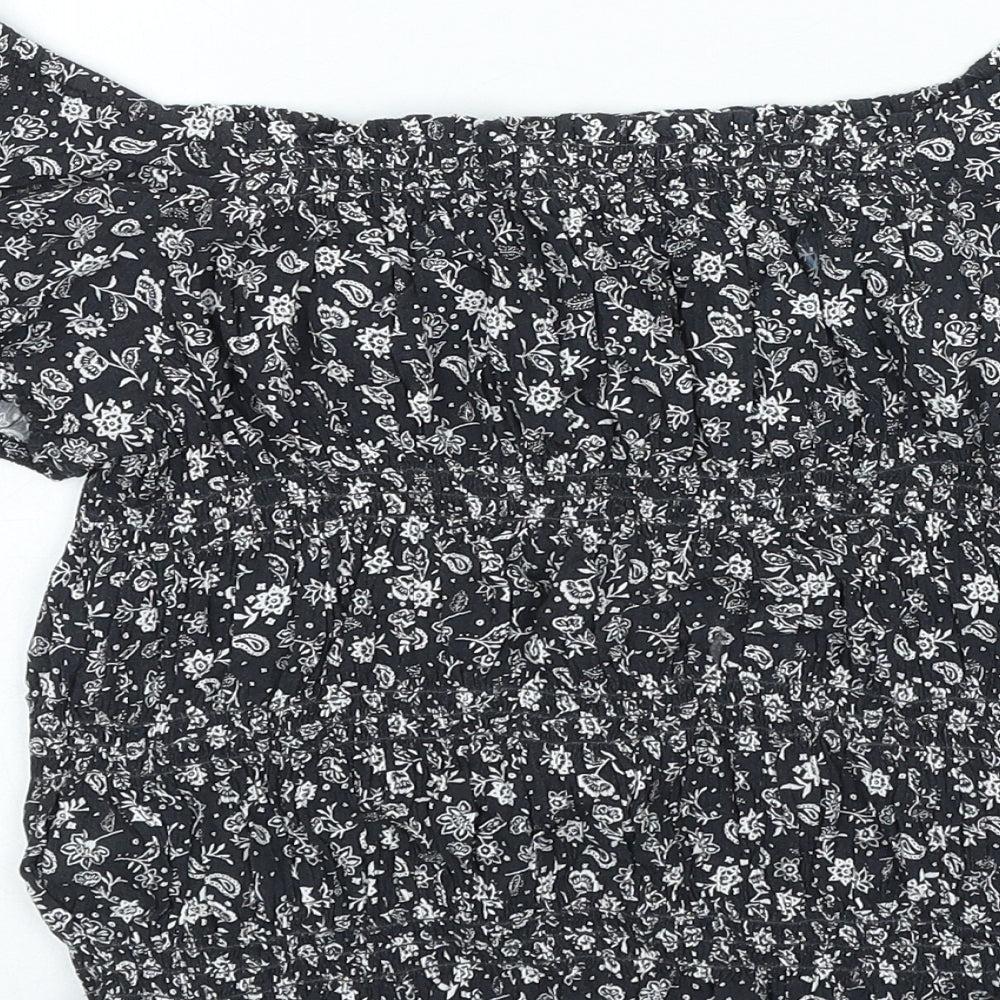 Marks and Spencer Girls Black Geometric Viscose Basic Blouse Size 11-12 Years Boat Neck Pullover