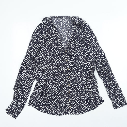 Marks and Spencer Womens Blue Animal Print Viscose Basic Button-Up Size 6 V-Neck