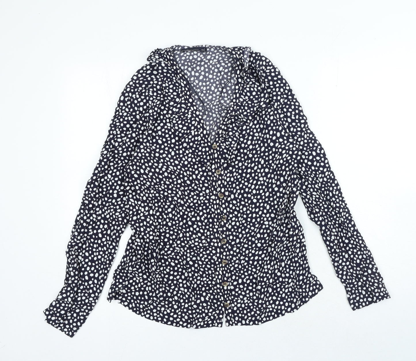 Marks and Spencer Womens Blue Animal Print Viscose Basic Button-Up Size 6 V-Neck