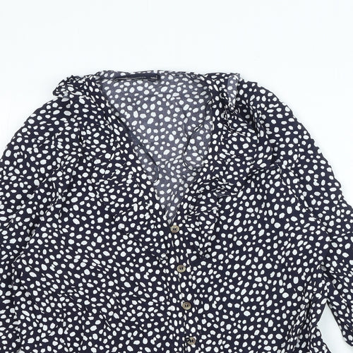 Marks and Spencer Womens Blue Animal Print Viscose Basic Button-Up Size 6 V-Neck