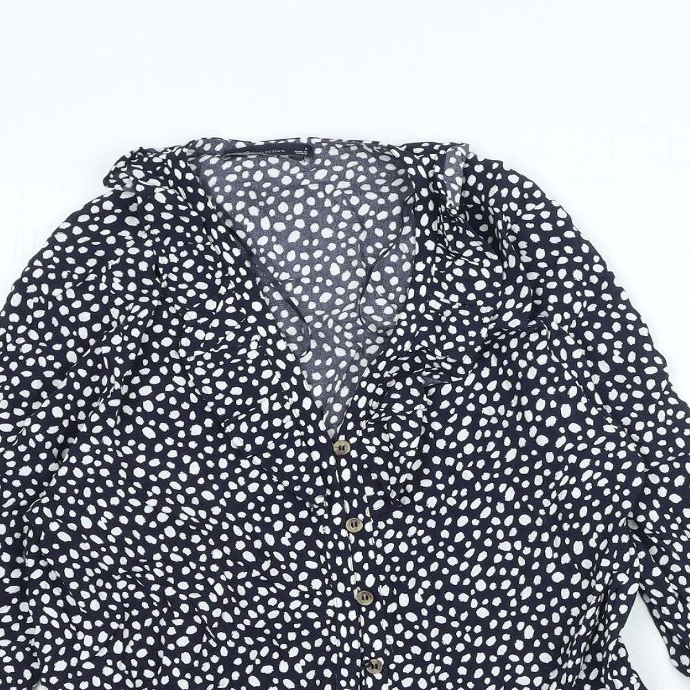 Marks and Spencer Womens Blue Animal Print Viscose Basic Button-Up Size 6 V-Neck