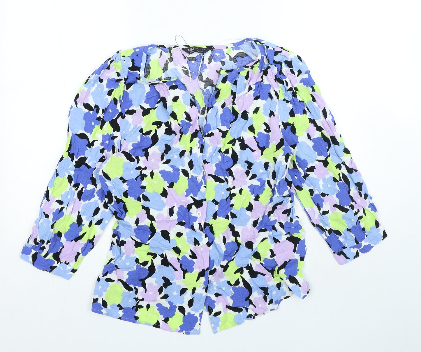 Marks and Spencer Womens Multicoloured Geometric Viscose Basic Button-Up Size 8 V-Neck