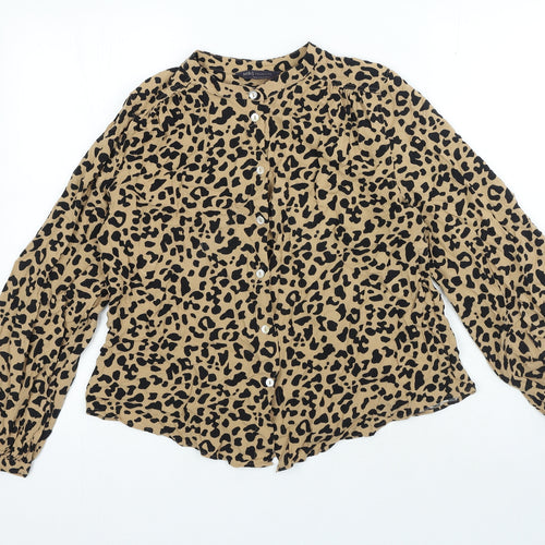 Marks and Spencer Womens Brown Animal Print Viscose Basic Button-Up Size 12 Round Neck
