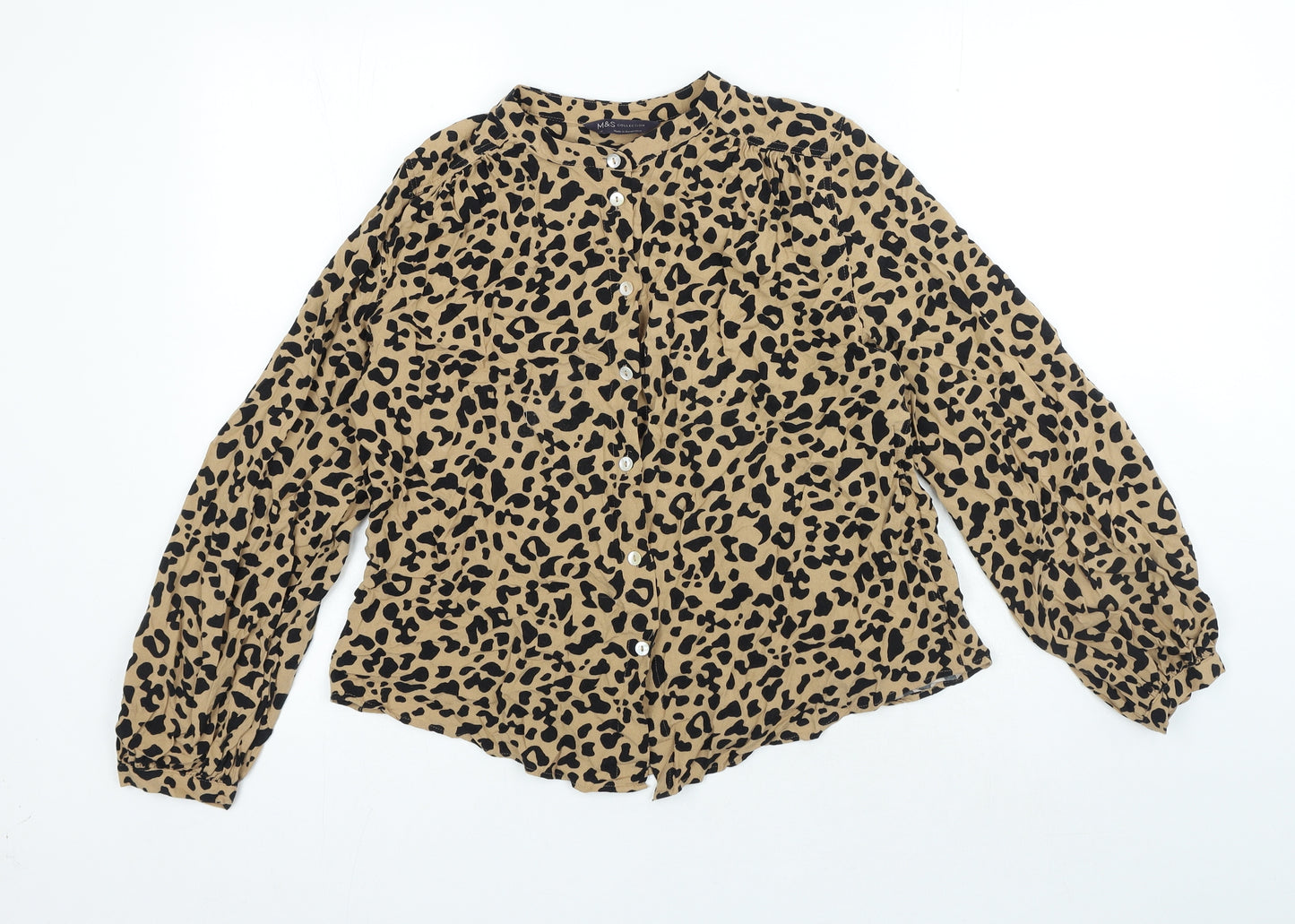 Marks and Spencer Womens Brown Animal Print Viscose Basic Button-Up Size 12 Round Neck