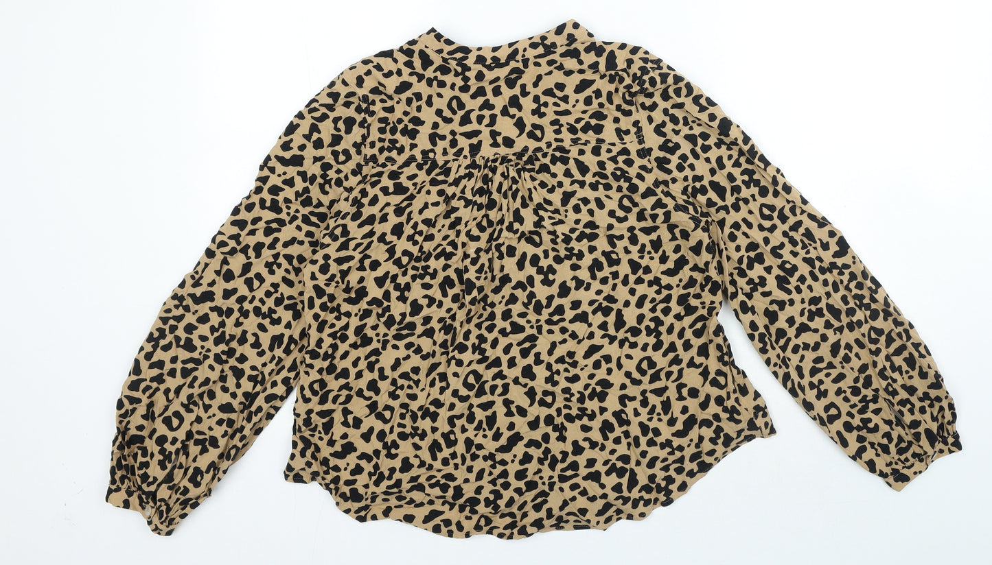 Marks and Spencer Womens Brown Animal Print Viscose Basic Button-Up Size 12 Round Neck