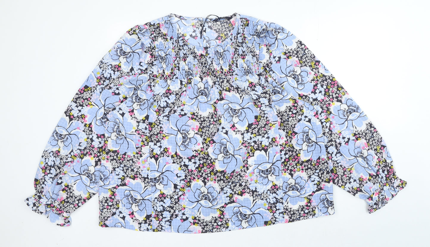 Marks and Spencer Womens Blue Floral Polyester Basic Blouse Size 22 Round Neck
