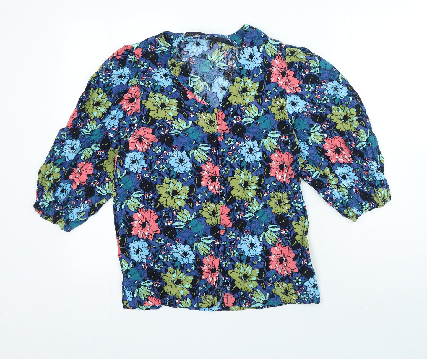 Marks and Spencer Womens Blue Floral Viscose Basic Blouse Size 6 V-Neck