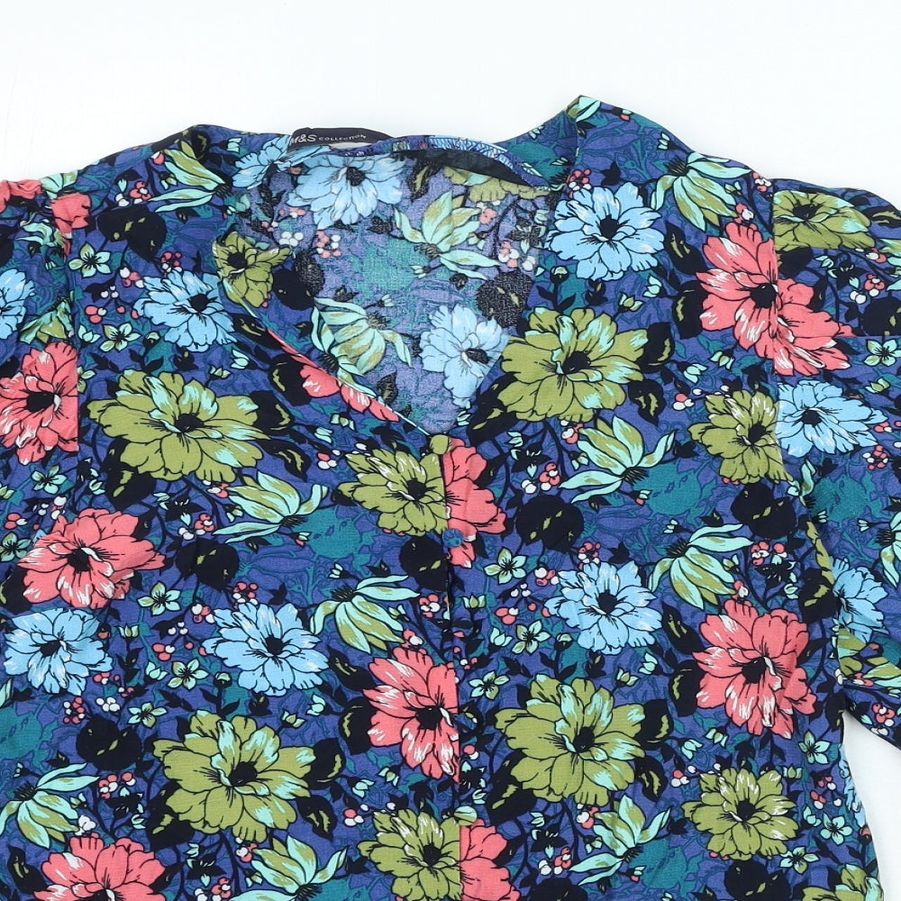Marks and Spencer Womens Blue Floral Viscose Basic Blouse Size 6 V-Neck