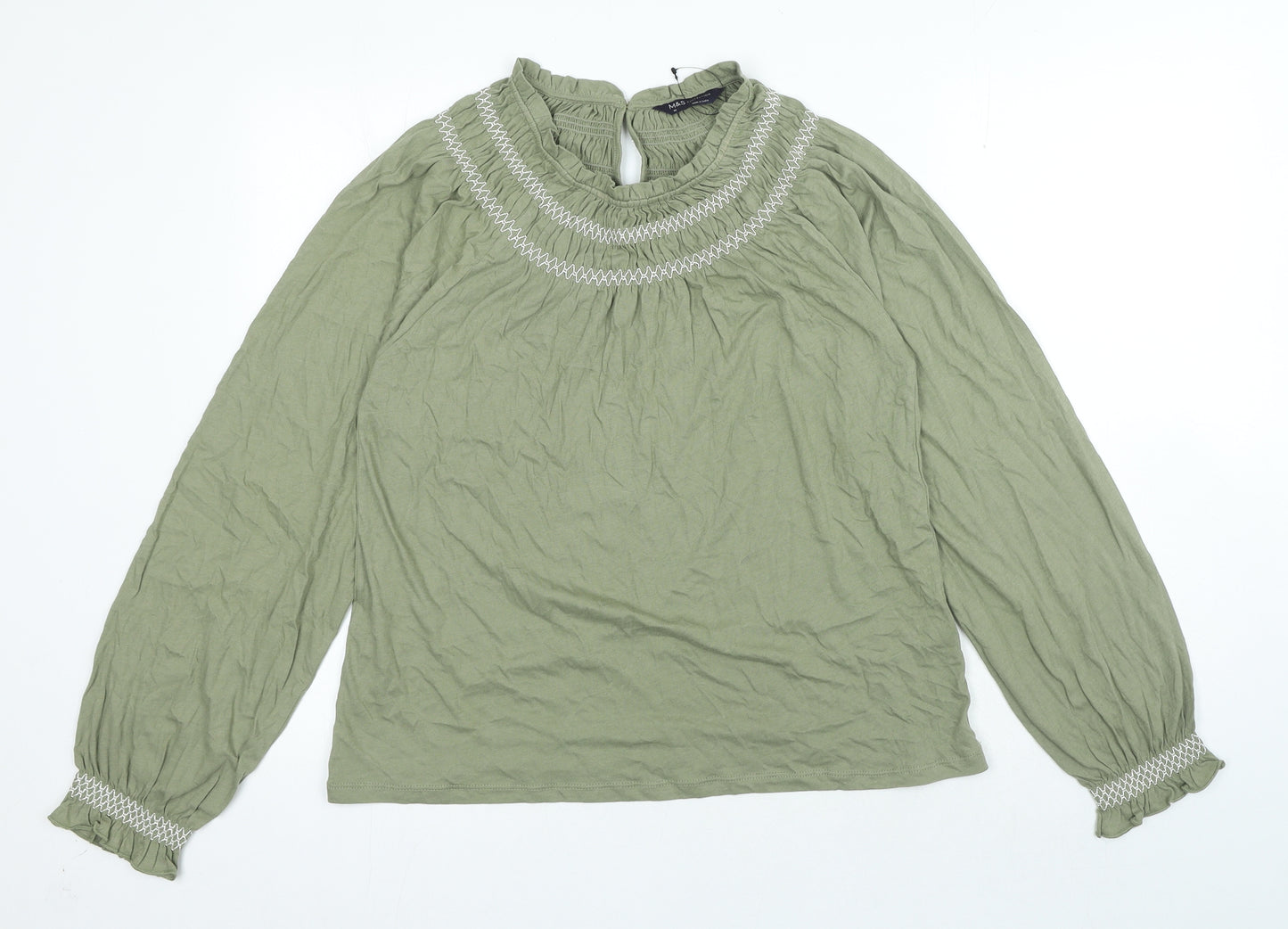 Marks and Spencer Womens Green 100% Cotton Basic Blouse Size 10 Round Neck