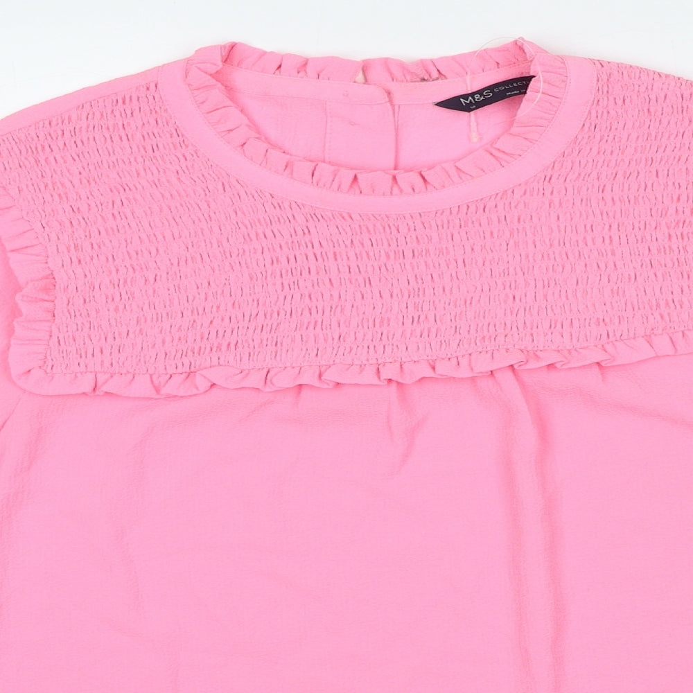 Marks and Spencer Womens Pink Polyester Basic Blouse Size 14 Crew Neck