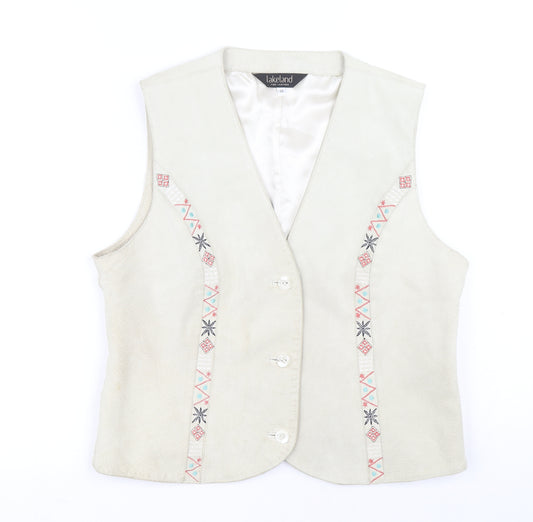 Front view of Lakeland women’s beige gilet jacket, size UK 14, button - embroidered detail