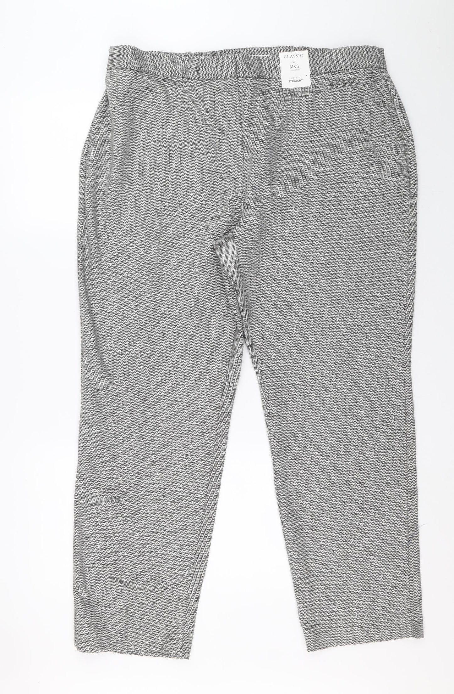 Marks and Spencer Womens Grey Herringbone Polyester Trousers Size 18 L28 in Regular Zip