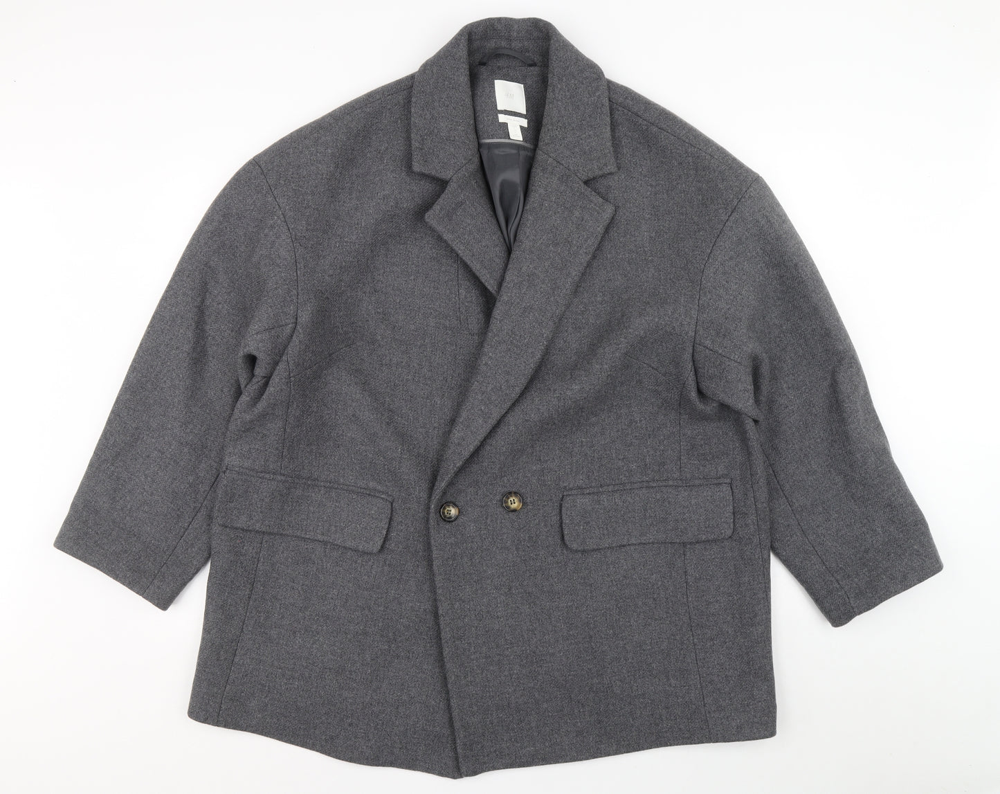 H&M Mens Grey Overcoat Coat Size L Button