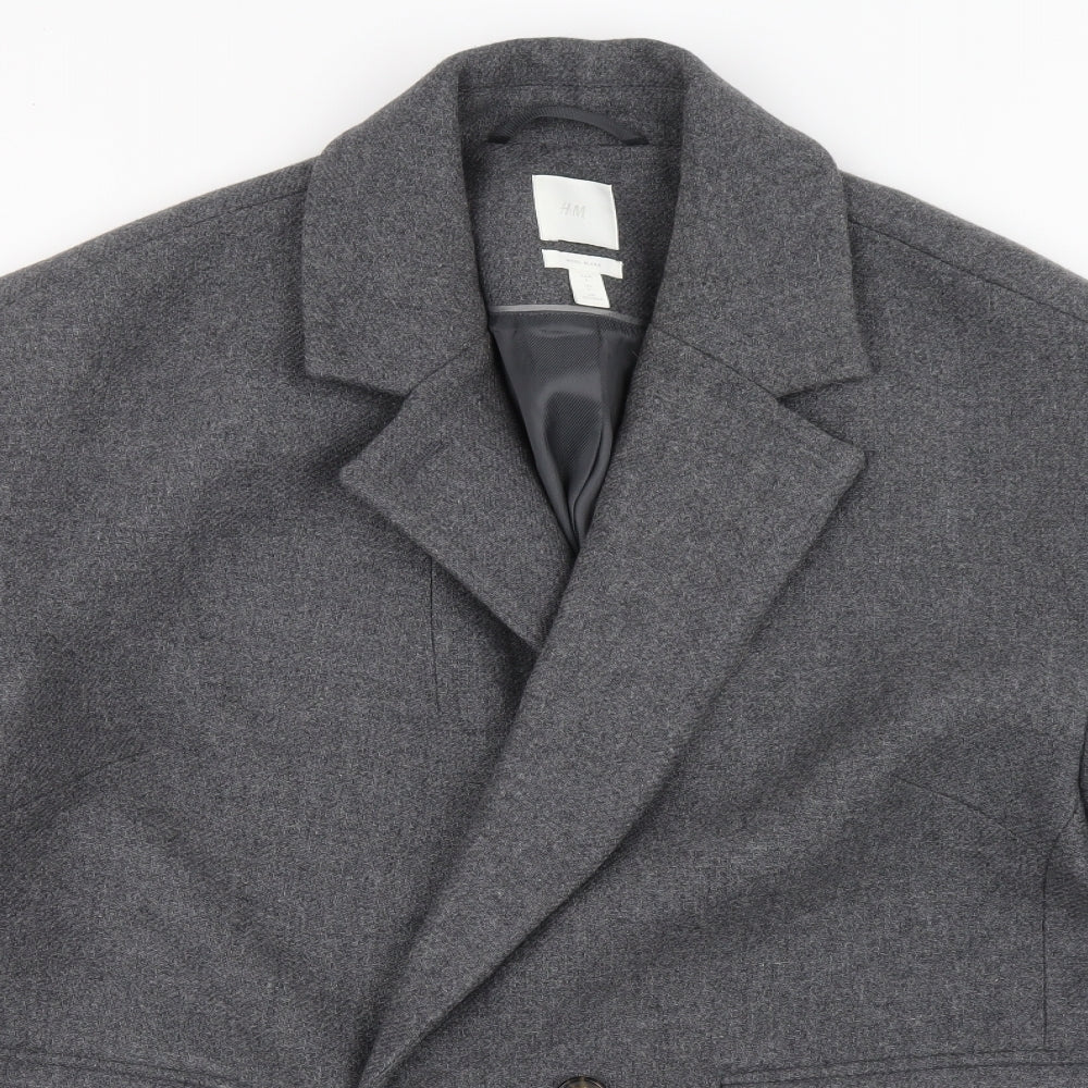 H&M Mens Grey Overcoat Coat Size L Button