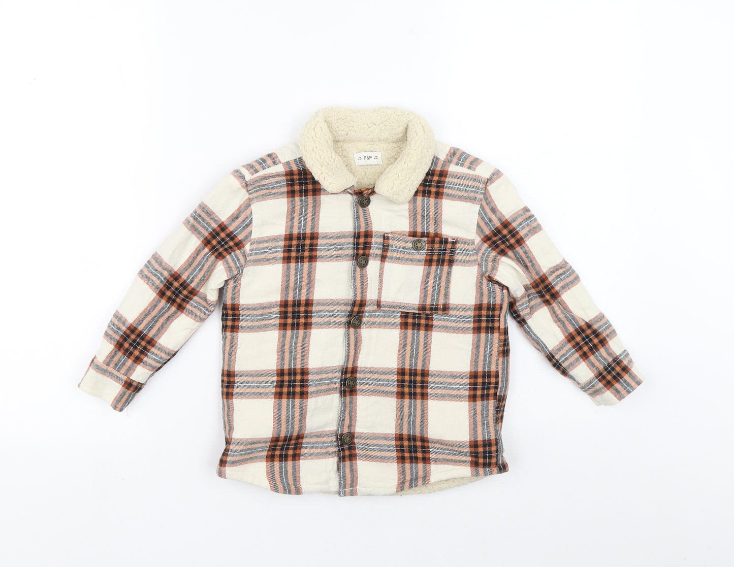 F&F Boys Multicoloured Plaid Cotton Basic Button-Up Size 3-4 Years Collared Button
