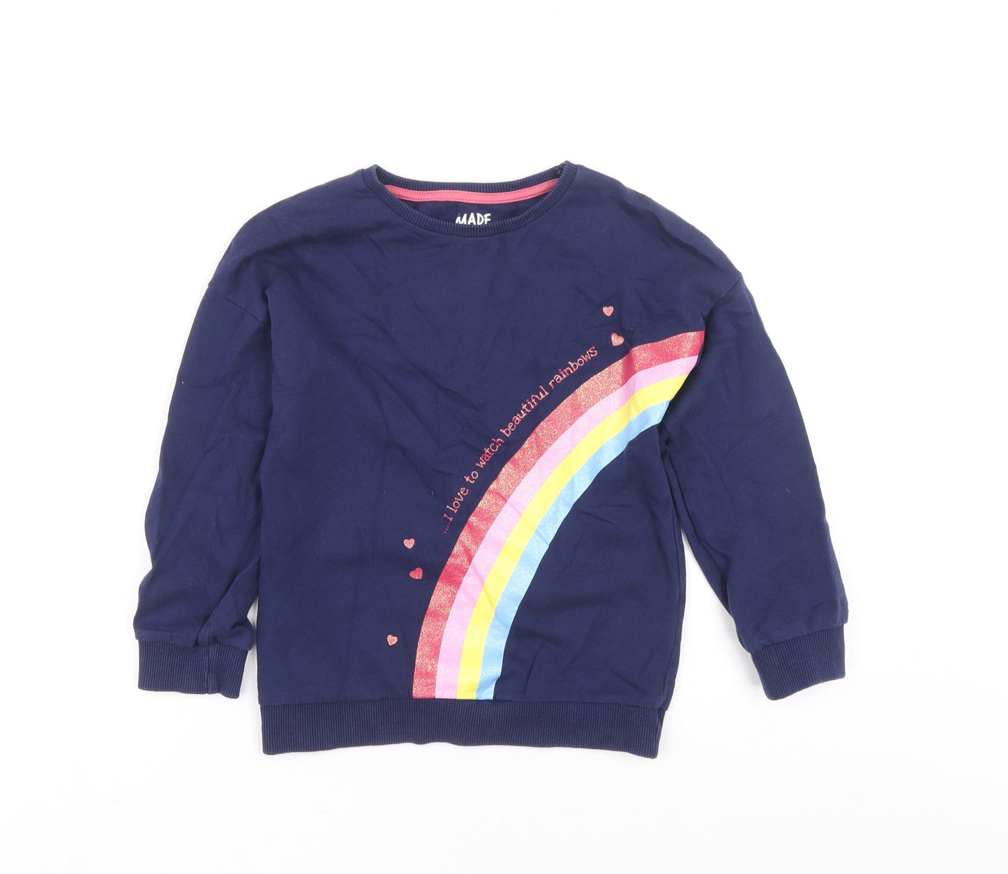 F&F Girls Blue 100% Cotton Pullover Sweatshirt Size 6-7 Years Pullover - Rainbow