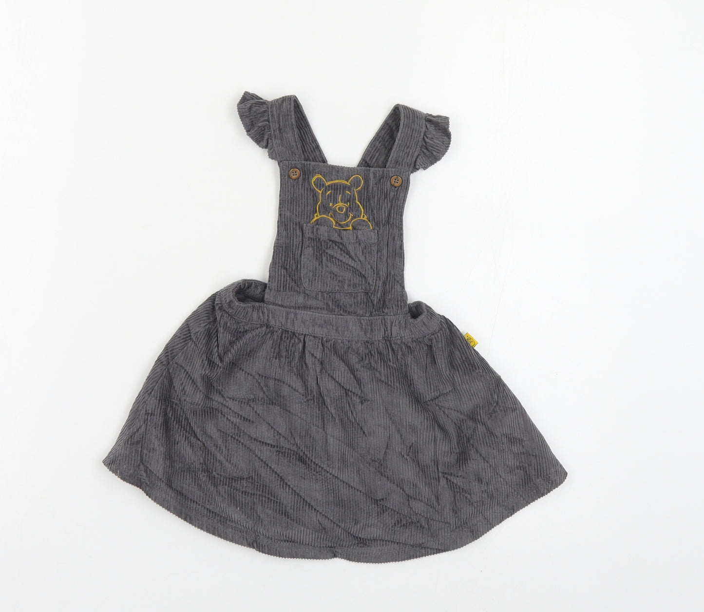 Marks and Spencer Baby Grey Cotton Pinafore/Dungaree Dress Size 9-12 Months Square Neck Button - Winnie the Pooh