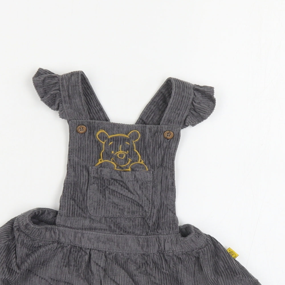 Marks and Spencer Baby Grey Cotton Pinafore/Dungaree Dress Size 9-12 Months Square Neck Button - Winnie the Pooh