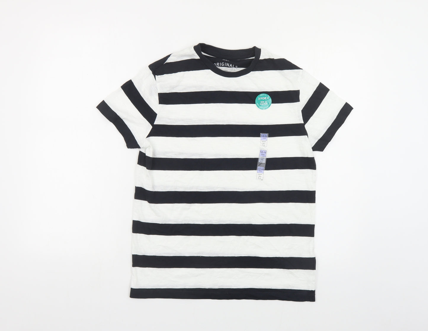 Marks and Spencer Boys White Striped Cotton Pullover T-Shirt Size 12-13 Years Crew Neck Pullover