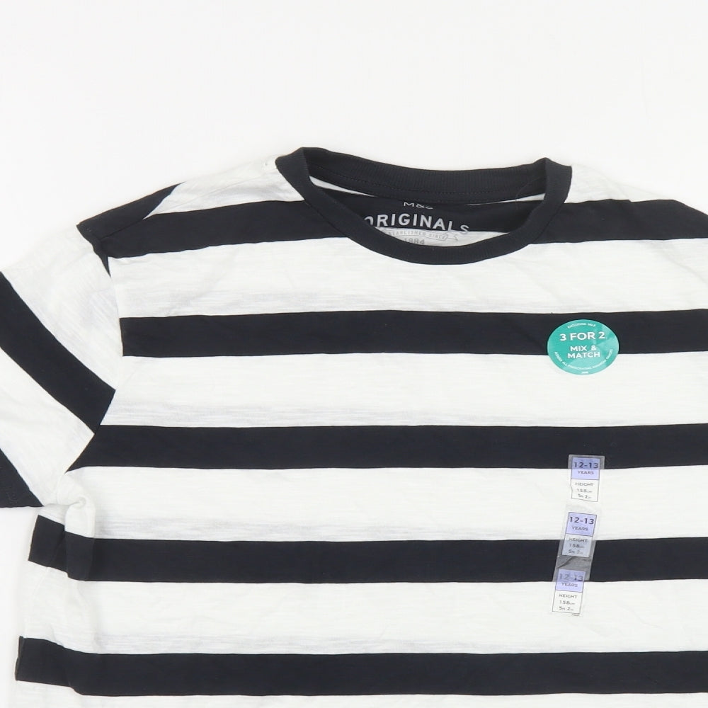 Marks and Spencer Boys White Striped Cotton Pullover T-Shirt Size 12-13 Years Crew Neck Pullover