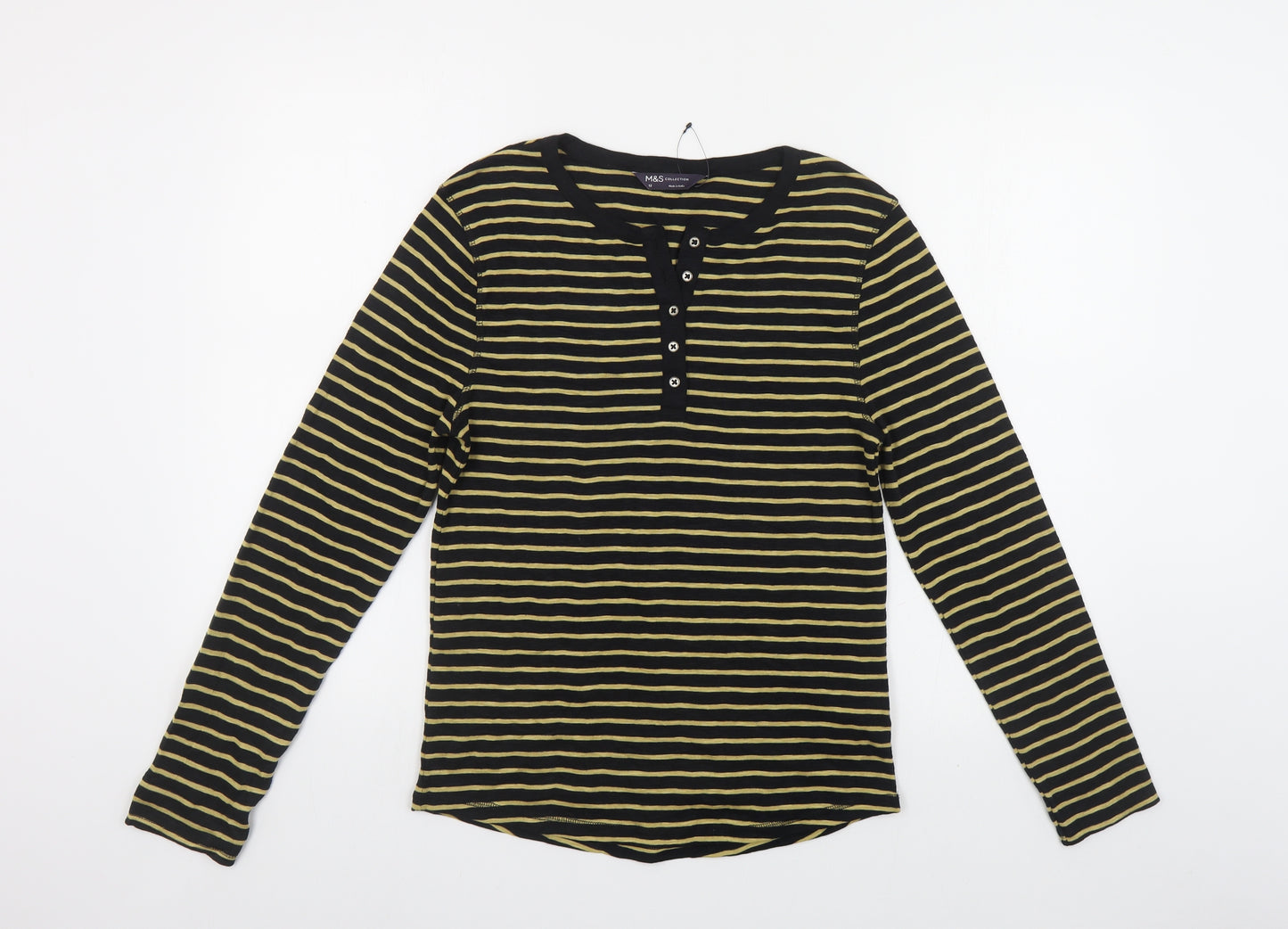 Marks and Spencer Womens Black Striped Cotton Basic T-Shirt Size 12 Henley