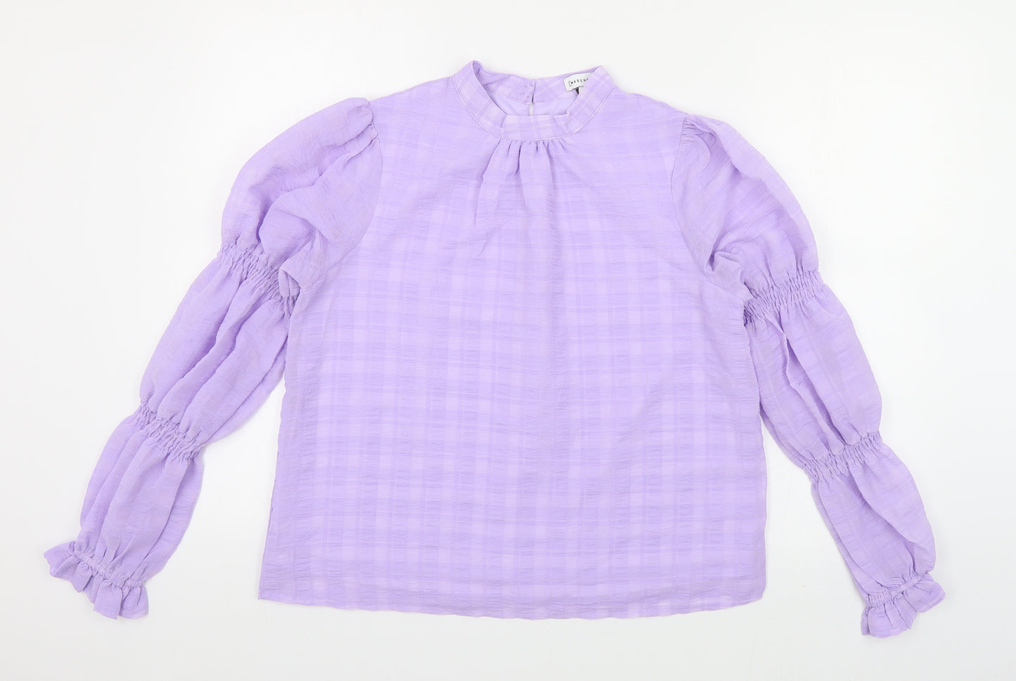 Warehouse Womens Purple Check Polyester Basic Blouse Size 8 Mock Neck - Ruched Sleeves