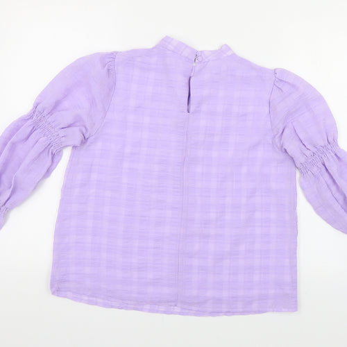 Warehouse Womens Purple Check Polyester Basic Blouse Size 8 Mock Neck - Ruched Sleeves