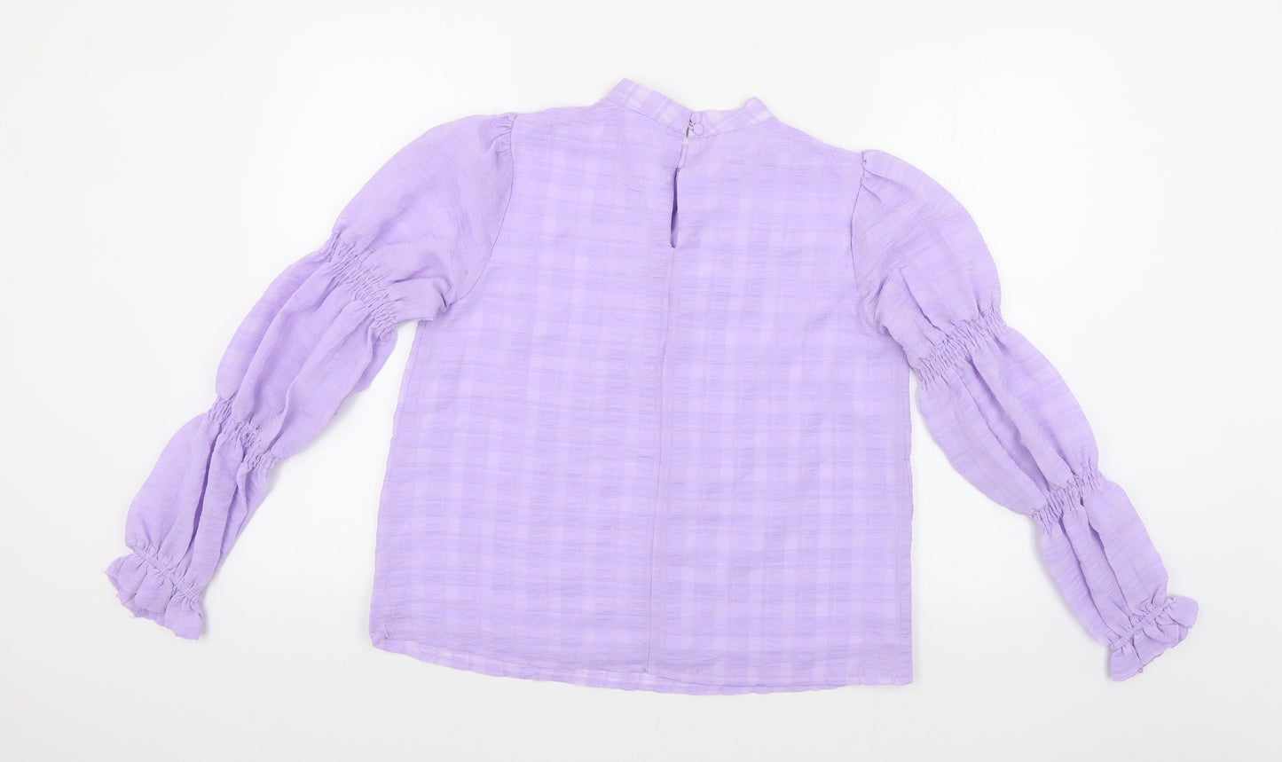 Warehouse Womens Purple Check Polyester Basic Blouse Size 8 Mock Neck - Ruched Sleeves