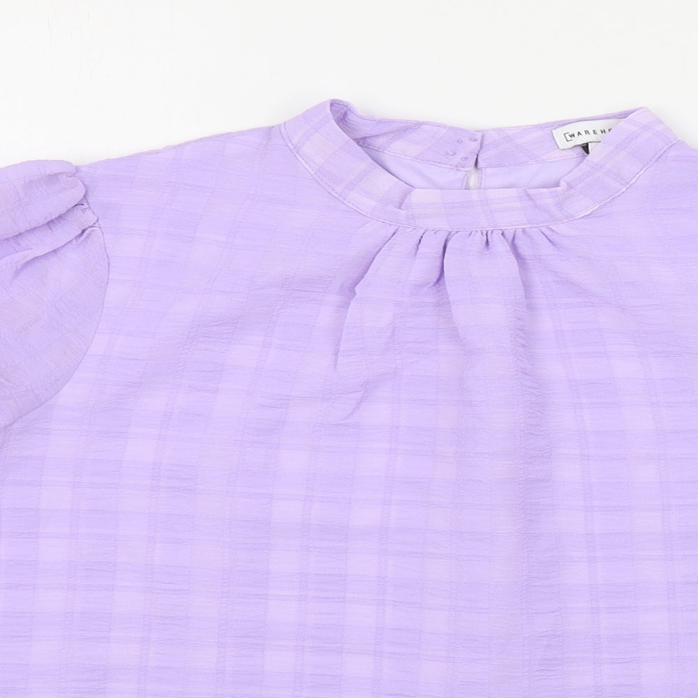 Warehouse Womens Purple Check Polyester Basic Blouse Size 8 Mock Neck - Ruched Sleeves