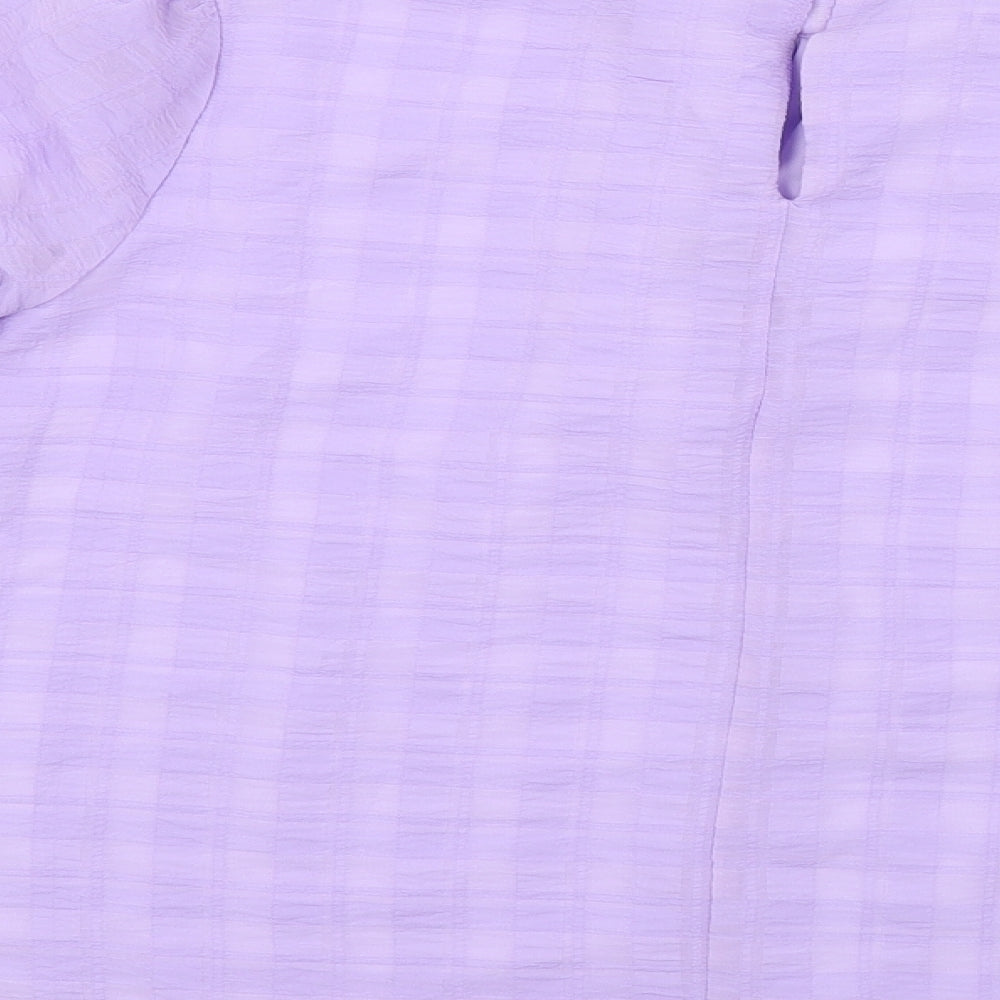 Warehouse Womens Purple Check Polyester Basic Blouse Size 8 Mock Neck - Ruched Sleeves