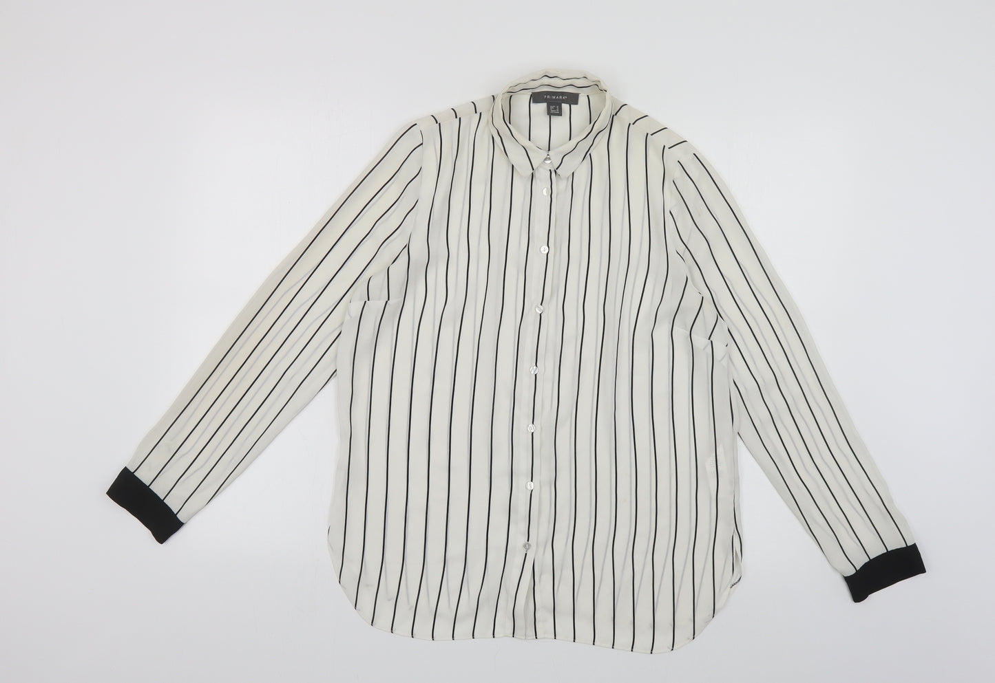 Primark Womens White Striped Polyester Basic Button-Up Size 10 Collared