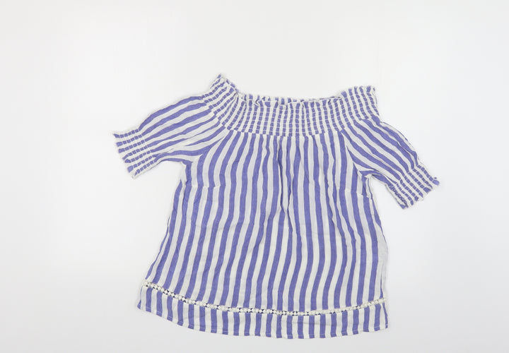 Warehouse Womens Blue Striped Viscose Basic Blouse Size 10 Off the Shoulder