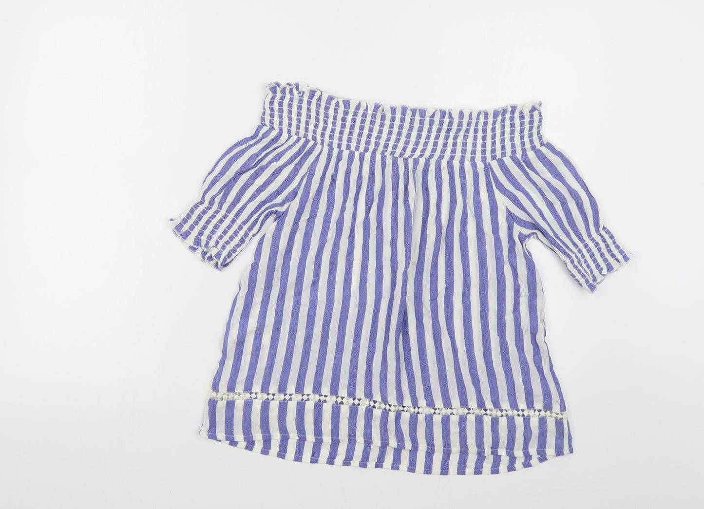 Warehouse Womens Blue Striped Viscose Basic Blouse Size 10 Off the Shoulder