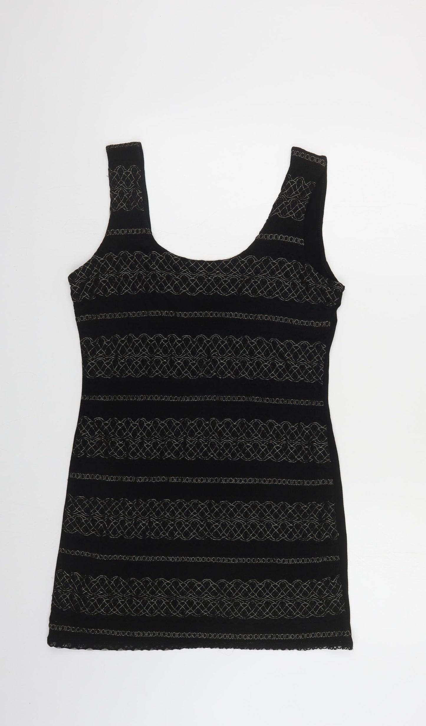 Preworn Womens Black Geometric Viscose Tunic Tank Size 18 Scoop Neck - Lace Overlay