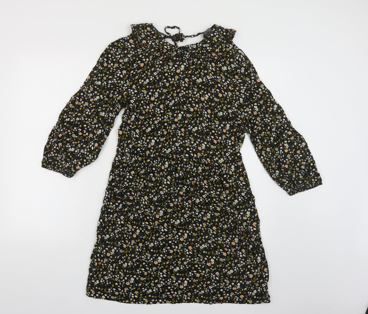 Primark Womens Black Floral Viscose A-Line Size 12 Collared Tie