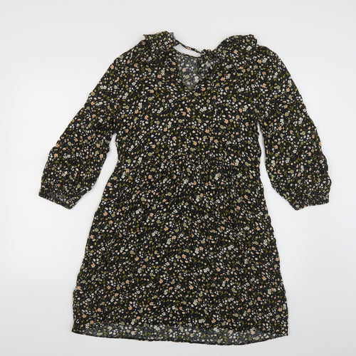 Primark Womens Black Floral Viscose A-Line Size 12 Collared Tie