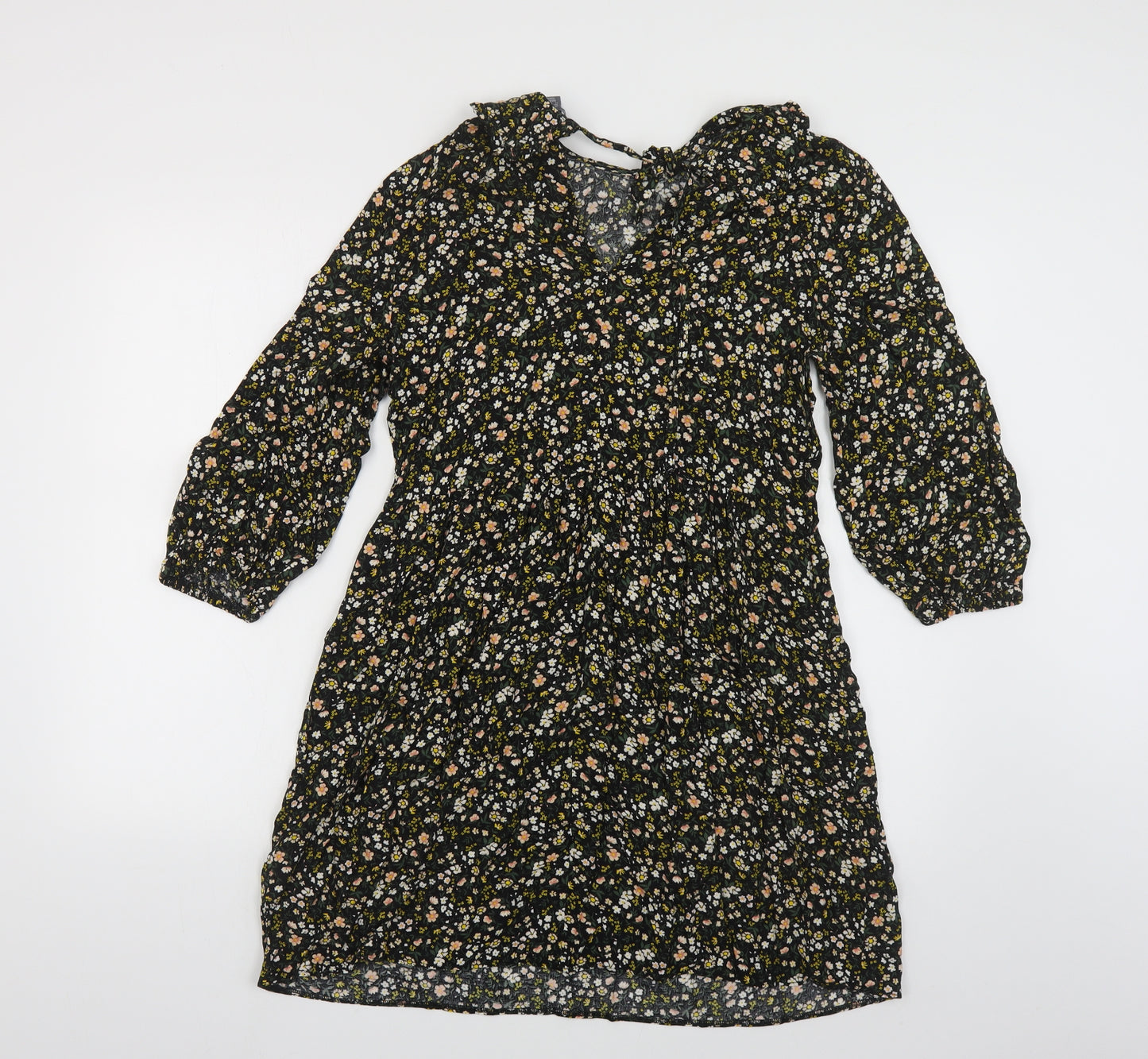 Primark Womens Black Floral Viscose A-Line Size 12 Collared Tie